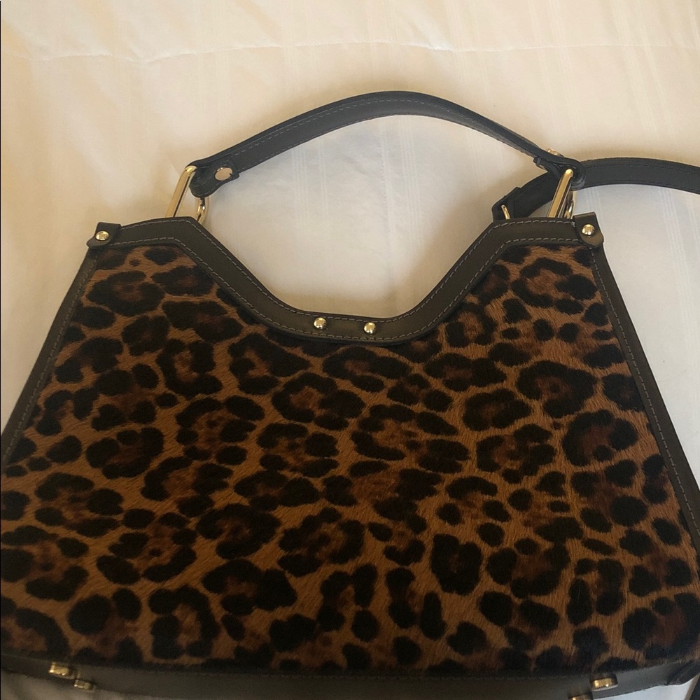 NEW Chic Leopard Print crossbody, or hand Bag with Black and gold Accents